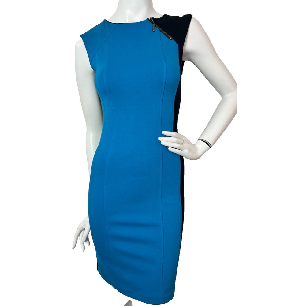 90s Nanette Lepore Colorblock Dress 2 Blue Black Bodycon Sheath Minimalist EUC